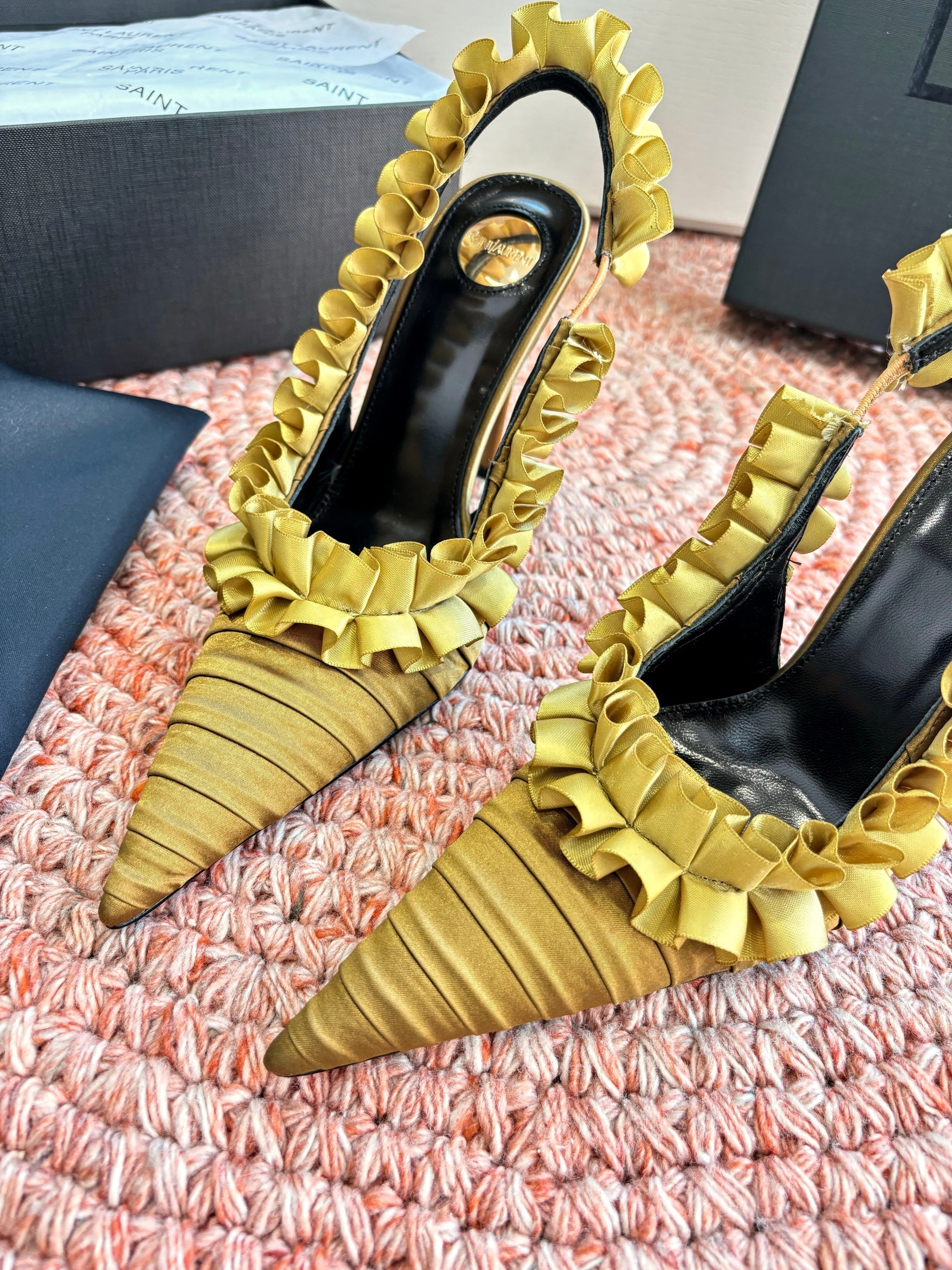 YSL 26ss Slingback Shiny Gold  Silk Leather 648839