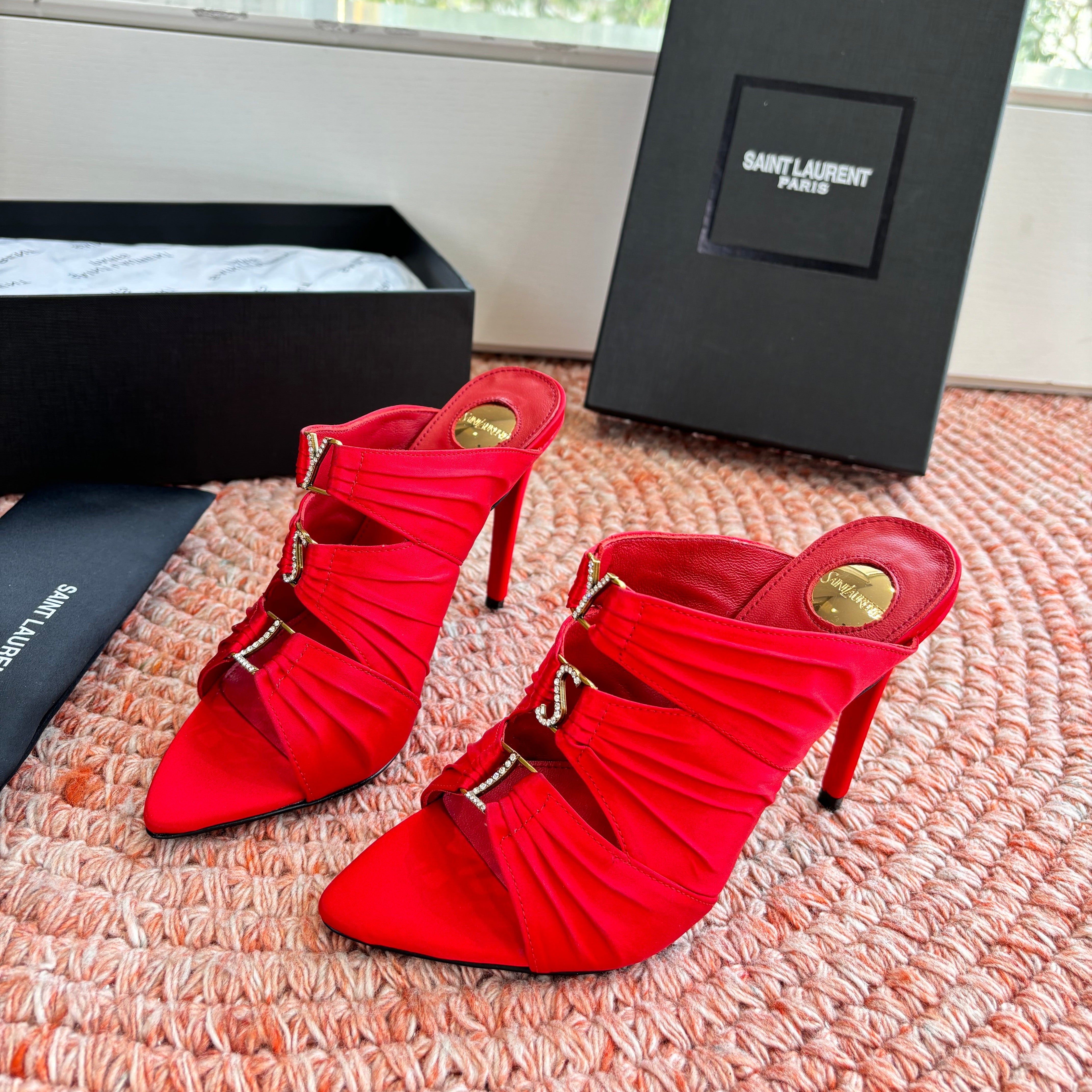 YSL 26ss Pointed High Heels Sandals 110 Red Silk Leather 648790