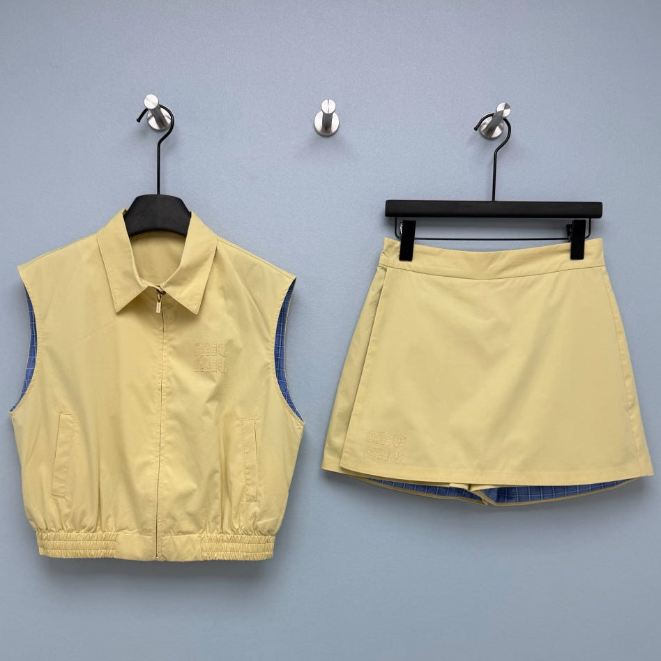 Miumiu 2026 Vest and Skirt Set Pale Yellow Polyester