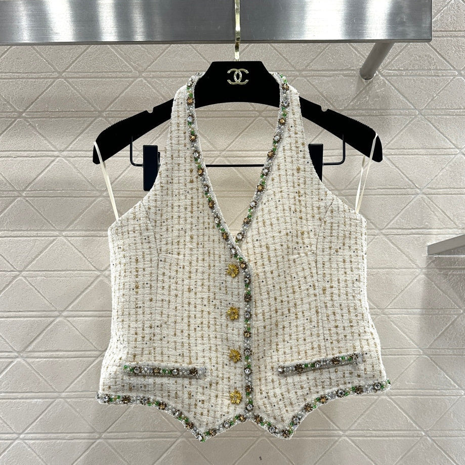 CC 26 Rhinestone-trimmed Halter Neck Vest Cream Cotton Wool 331227