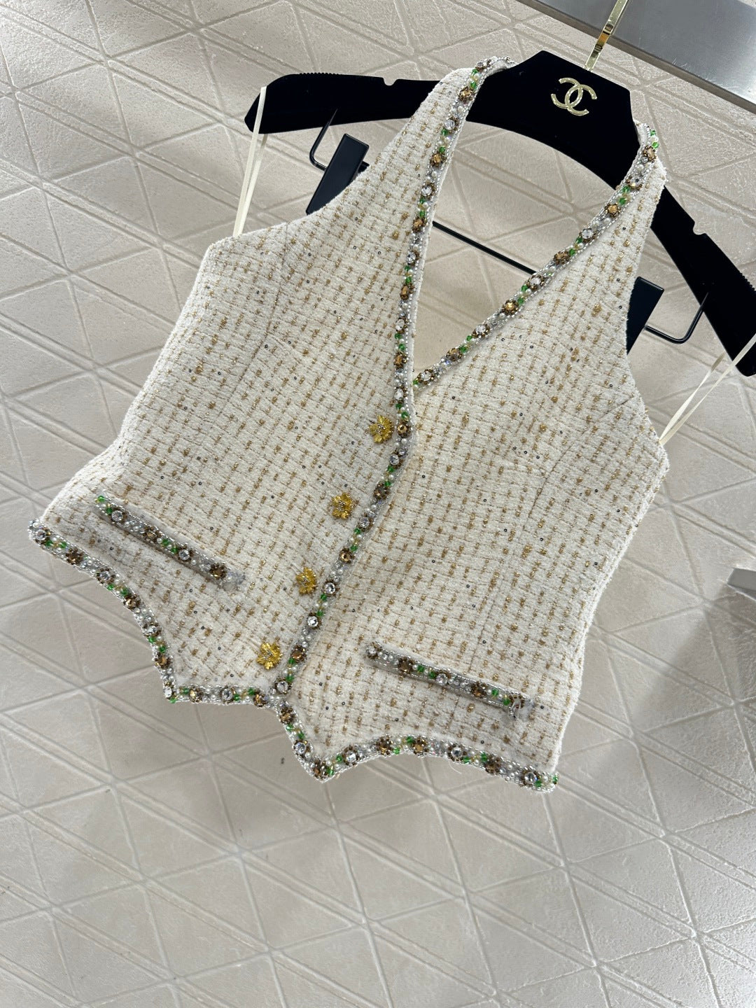 CC 26 Rhinestone-trimmed Halter Neck Vest Cream Cotton Wool 331227