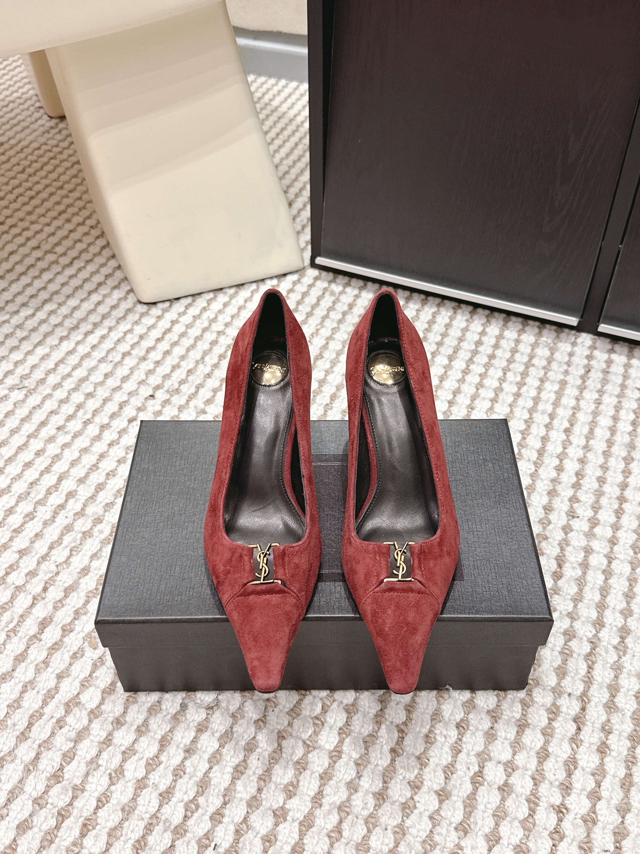 YSL 26ss High Heel Pumps 75 Burgundy Suede 654699