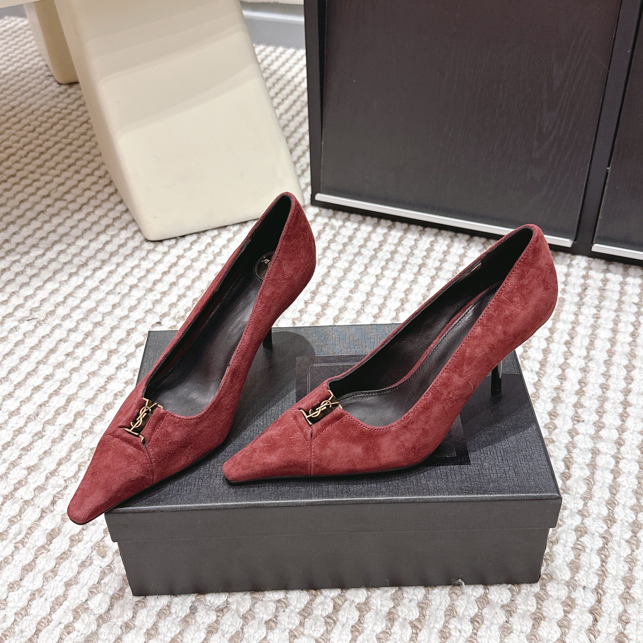 YSL 26ss High Heel Pumps 75 Burgundy Suede 654699