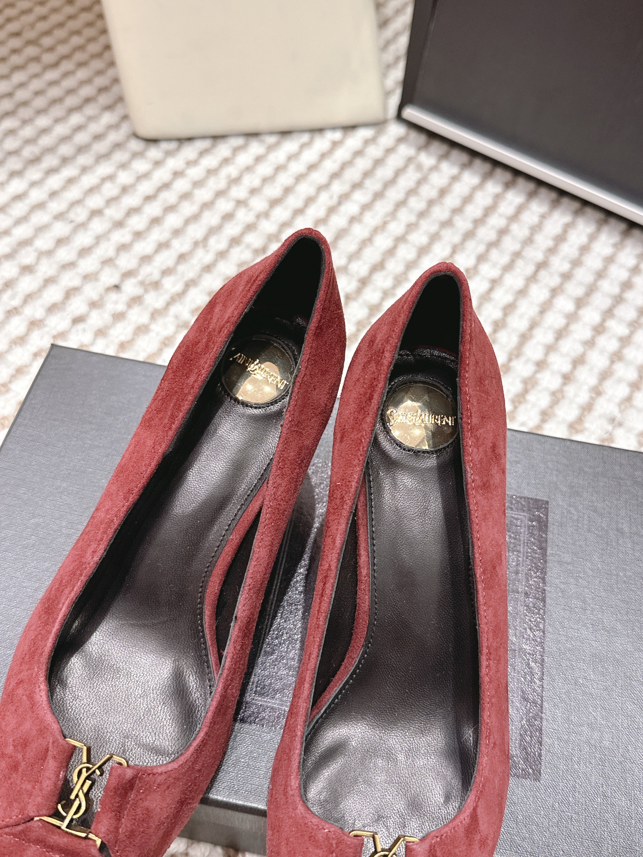 YSL 26ss High Heel Pumps 75 Burgundy Suede 654699
