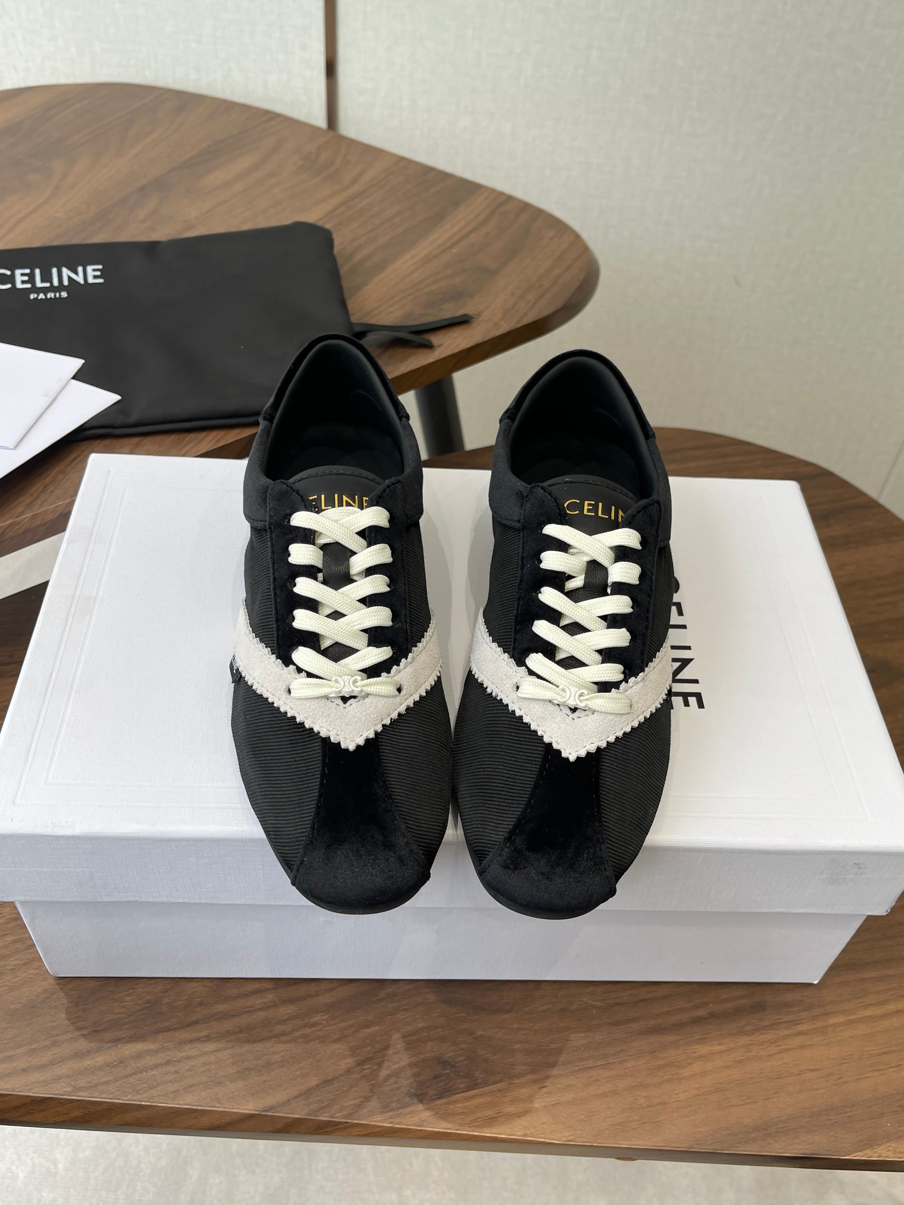 Celine 26 Flat Sneaker Black White Canvas Suede 624714