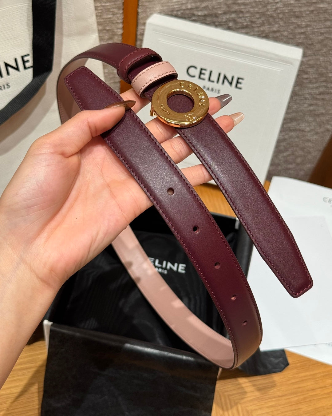 Celine 2026 Disc Buckle & Reversible Strap Belt 2.5cm Burgundy Leather