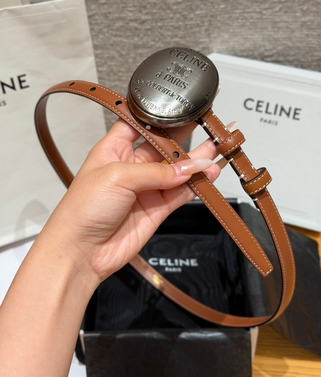 Celine 2026 Maison Belt 1.3cm Silver Buckle Taurillon Leather