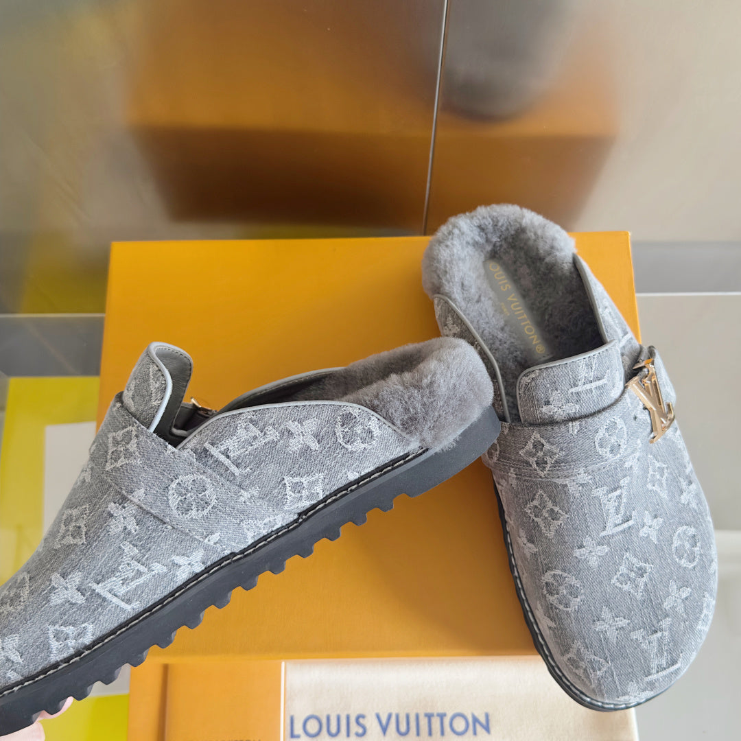 LV 25 Birkenstock Platform Slippers Gray Denim Wool 576214