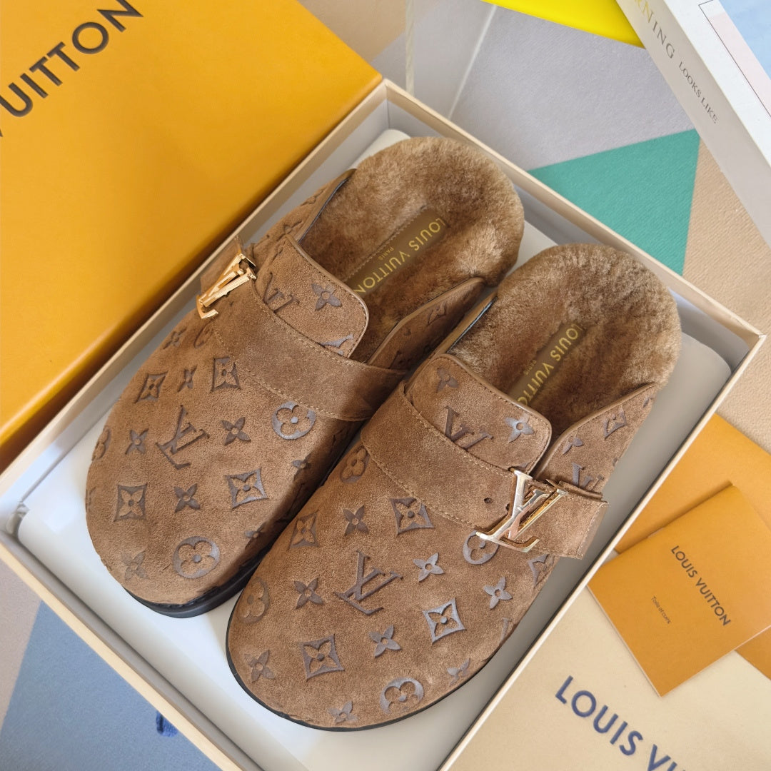 LV 25 Birkenstock Platform Slippers Brown Suede Wool 576215