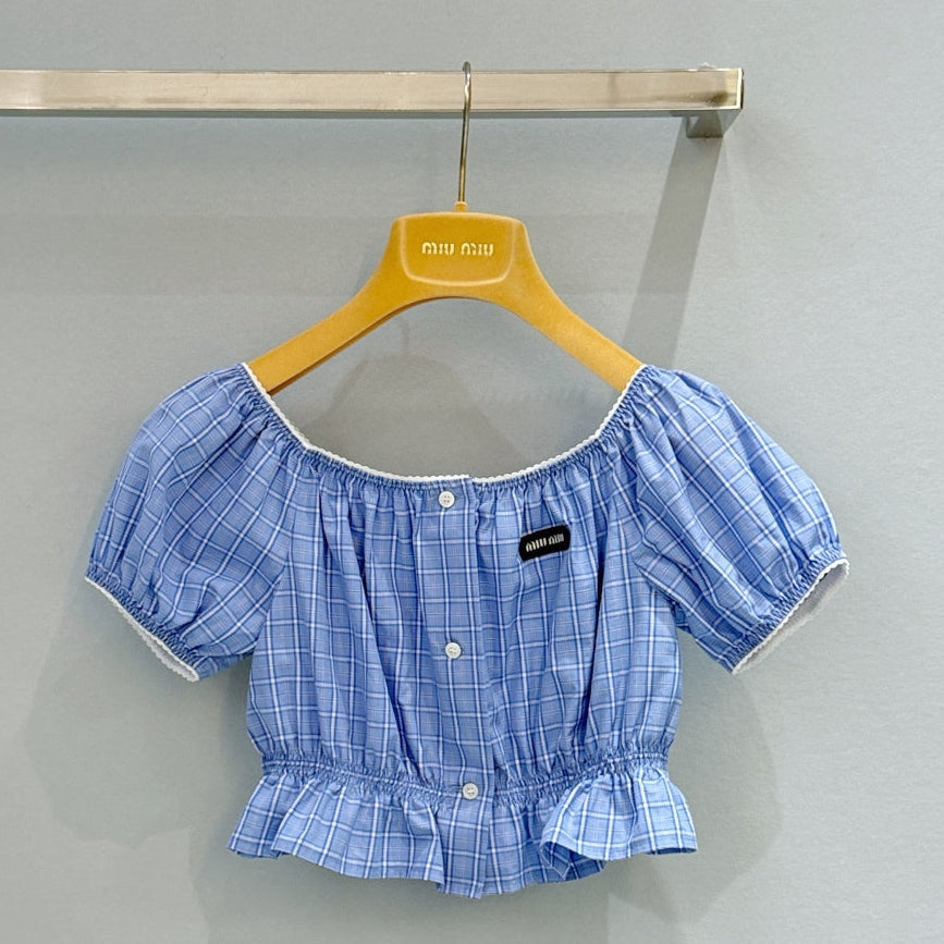 Miu Miu 2026 Plaid Top Blue Cotton