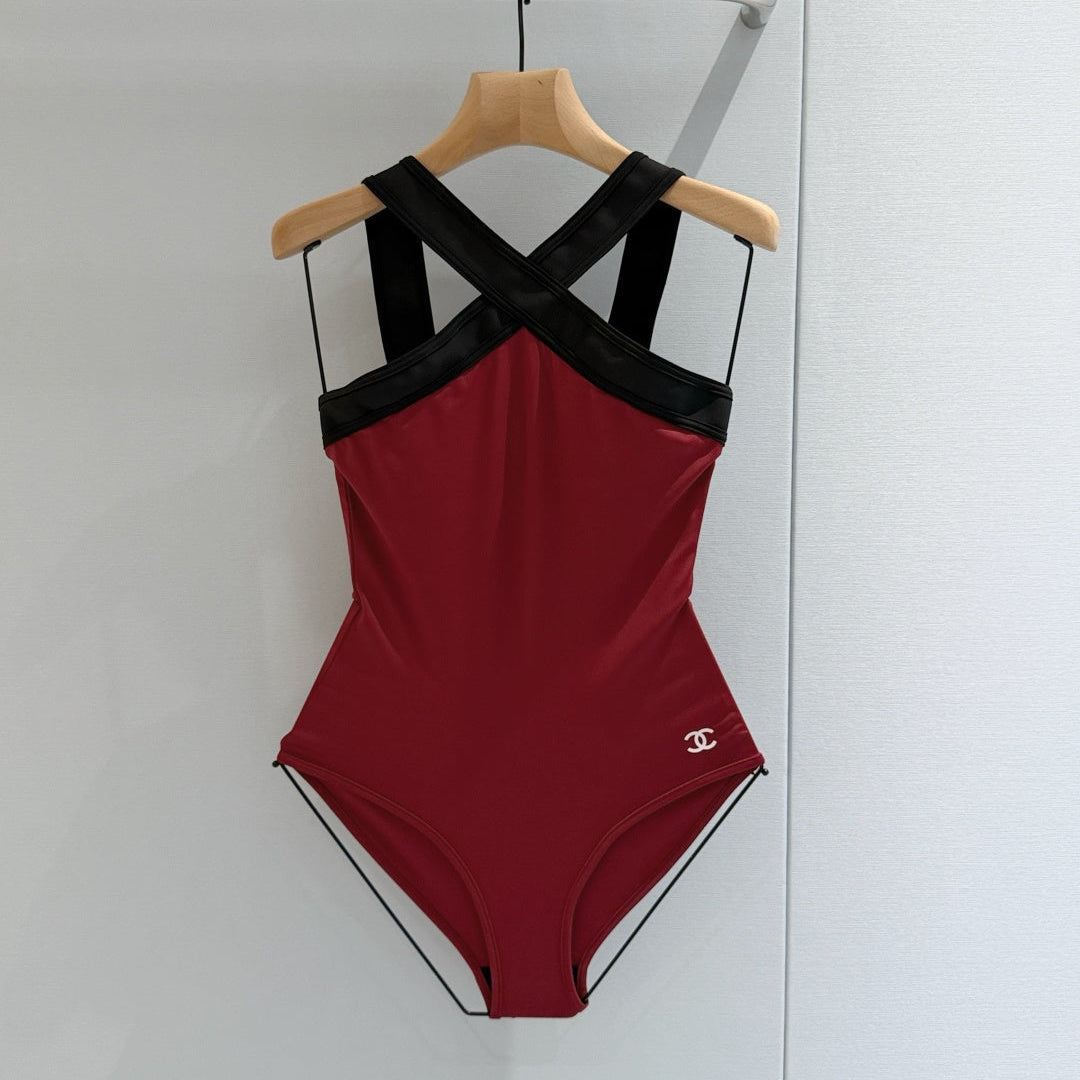 Chanel 2026 One-piece Swimsuit Dark Red mix Black Cotton 670050