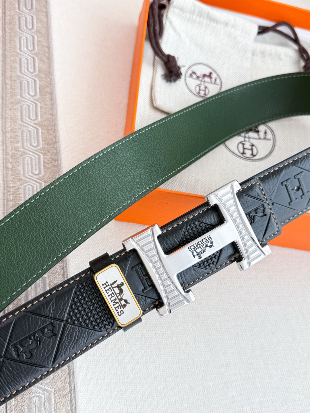 HM Constance Belt 38mm Black Green Cowhide Sliver Buckle 620241