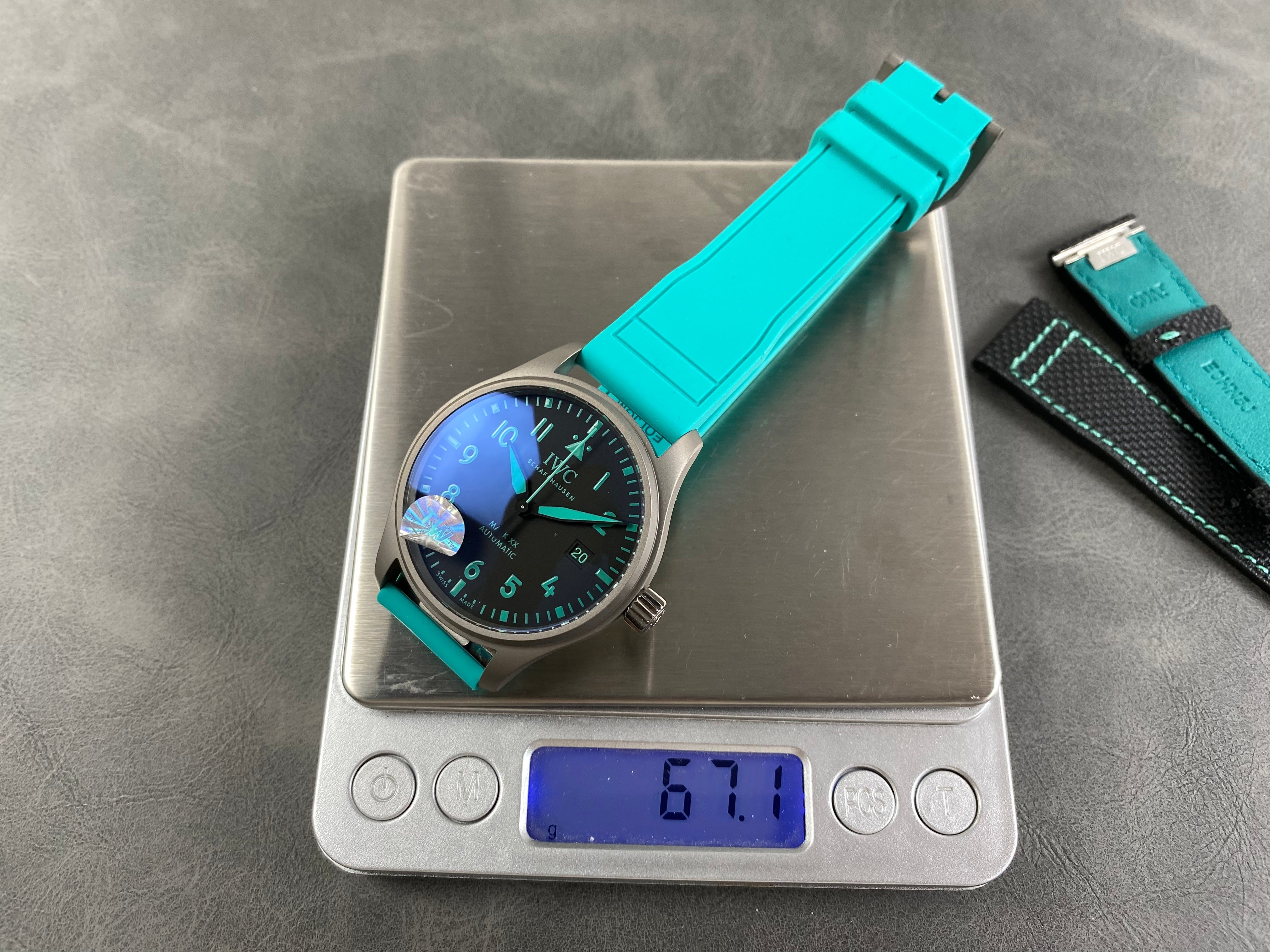 IWC Pilot 40mm Black Dial Gray Case Turquoise Rubber Strap