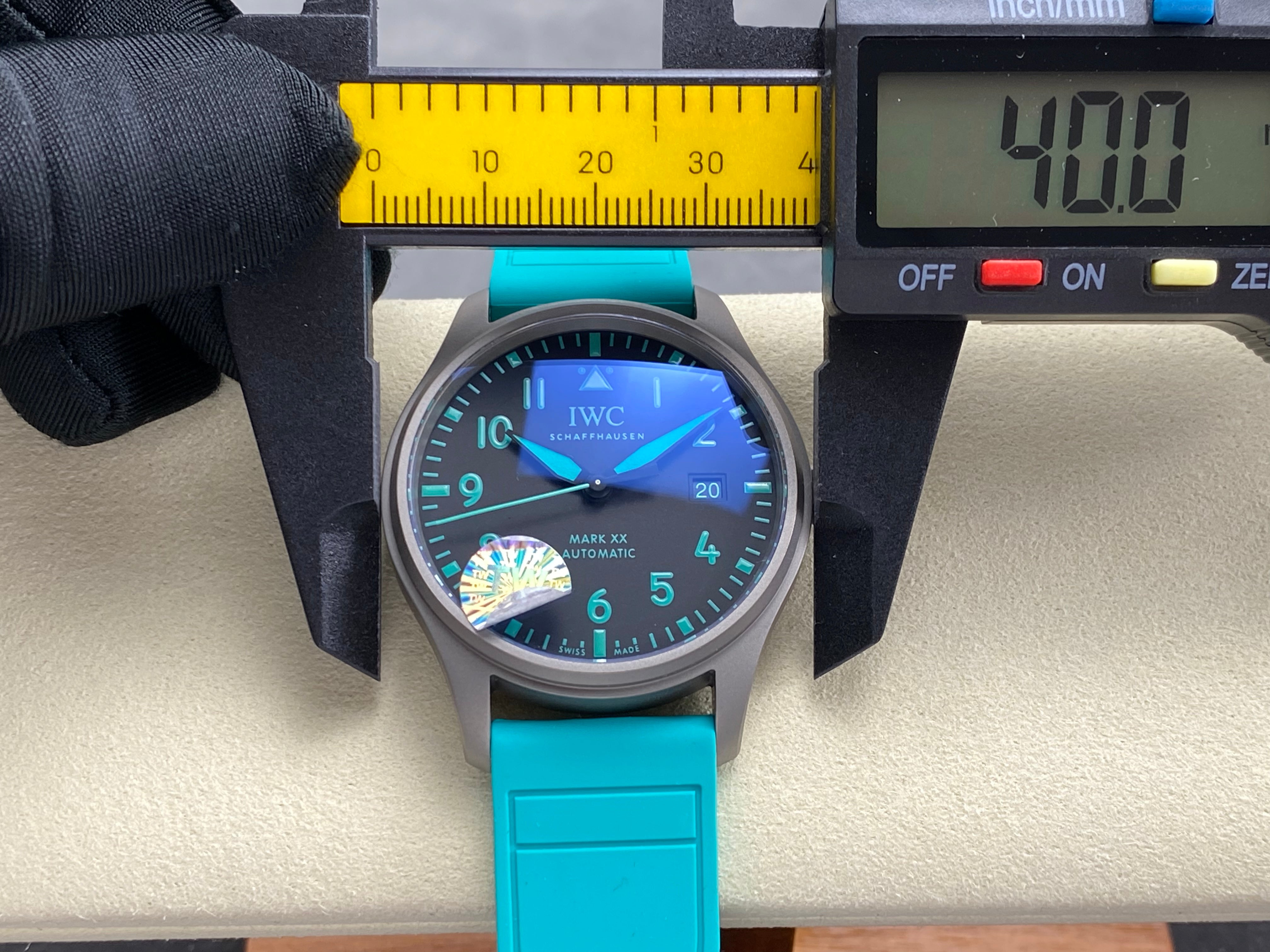 IWC Pilot 40mm Black Dial Gray Case Turquoise Rubber Strap