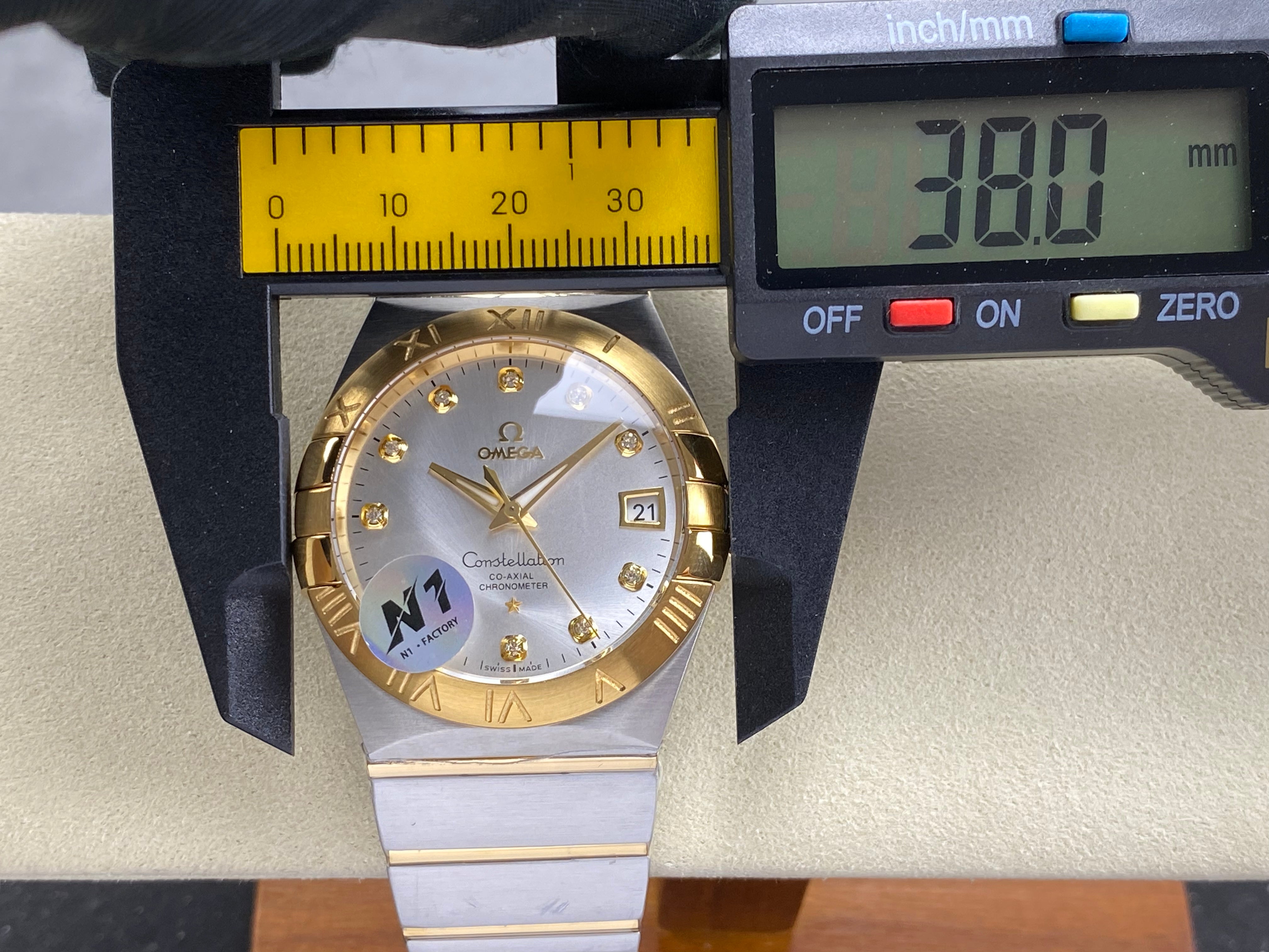 Omega Constellation Co-Axial Chronometer 38mm Gold Steel Case Yellow Dial