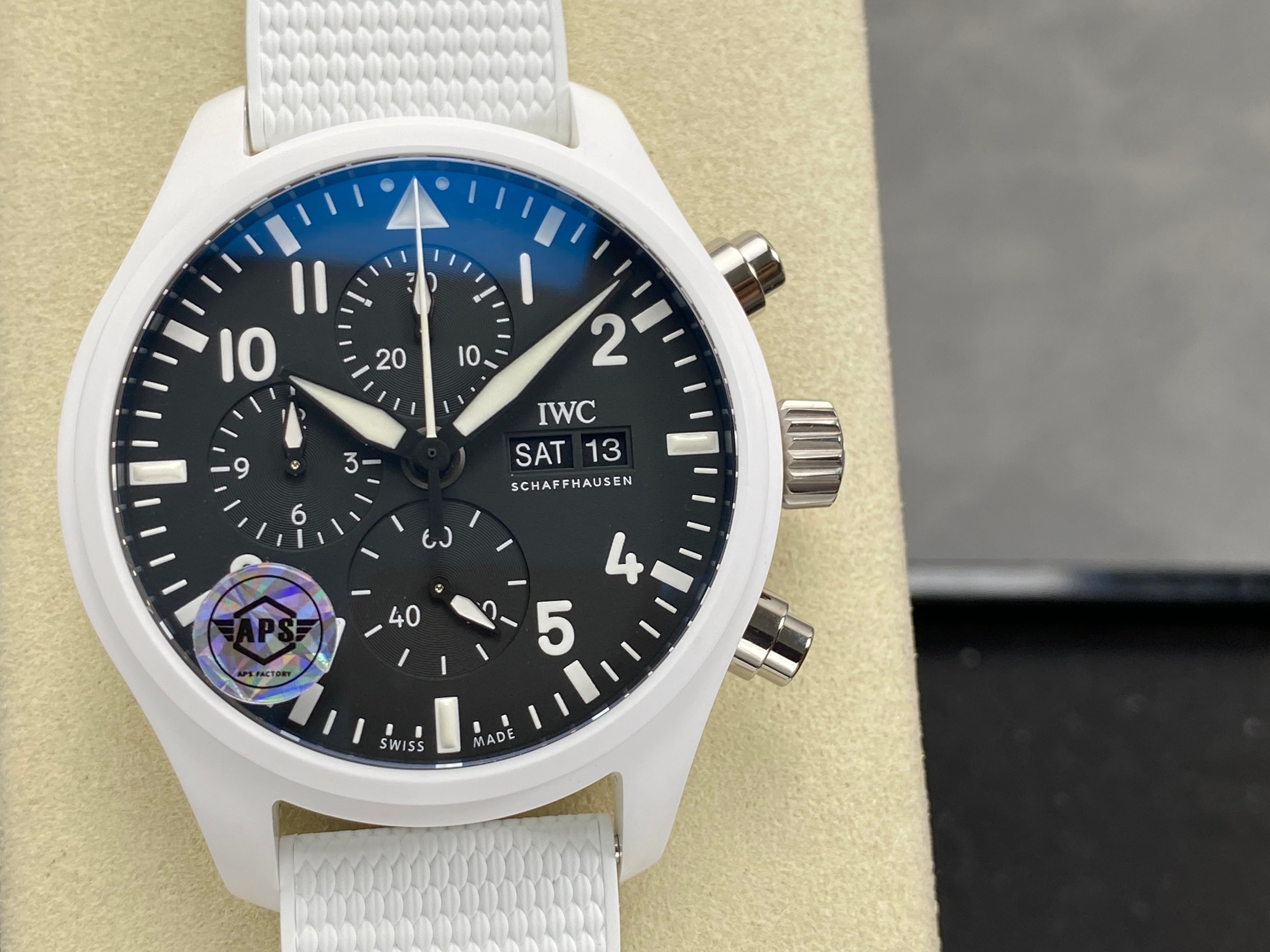 IWC Pilot's Chronograph 45 Black Dial White Steel Case Rubber Strap