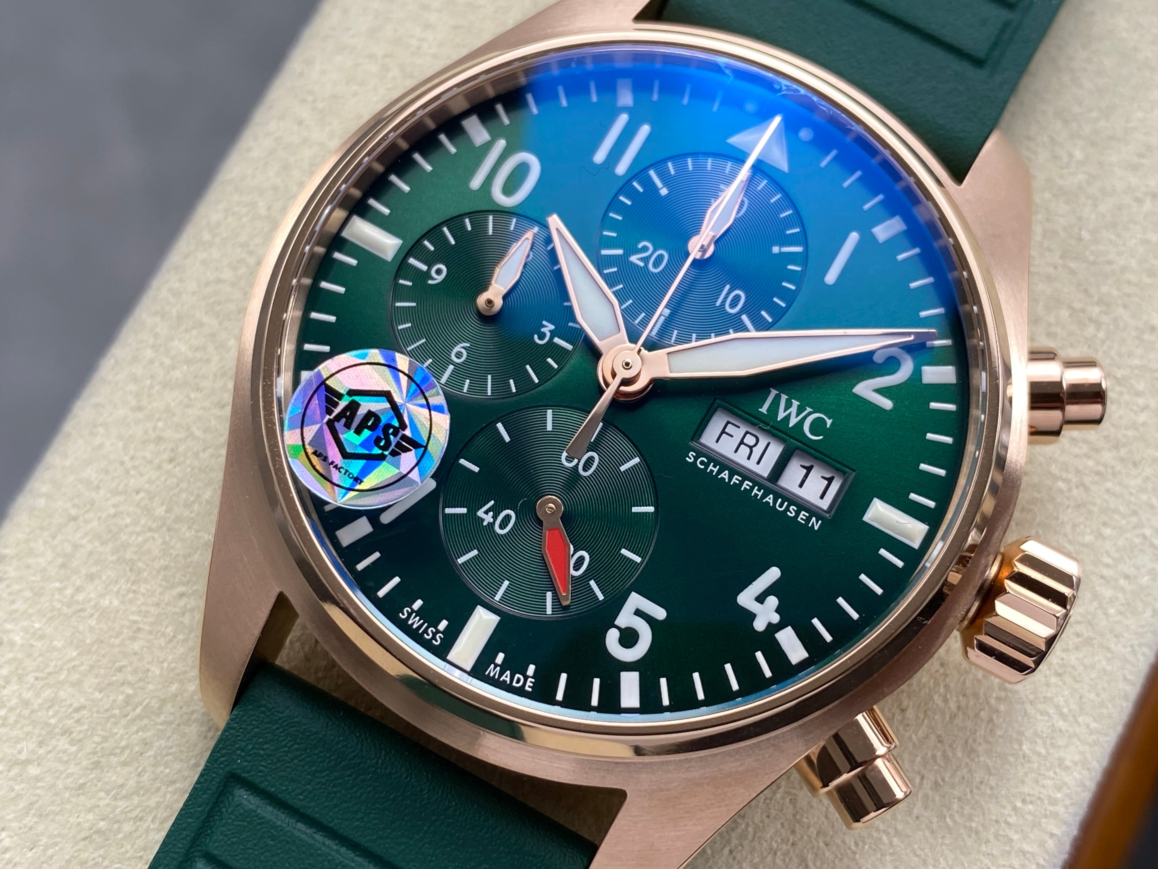 IWC Pilot's Chronograph 41 Pink Gold Case Green Dial Rubber  Strap