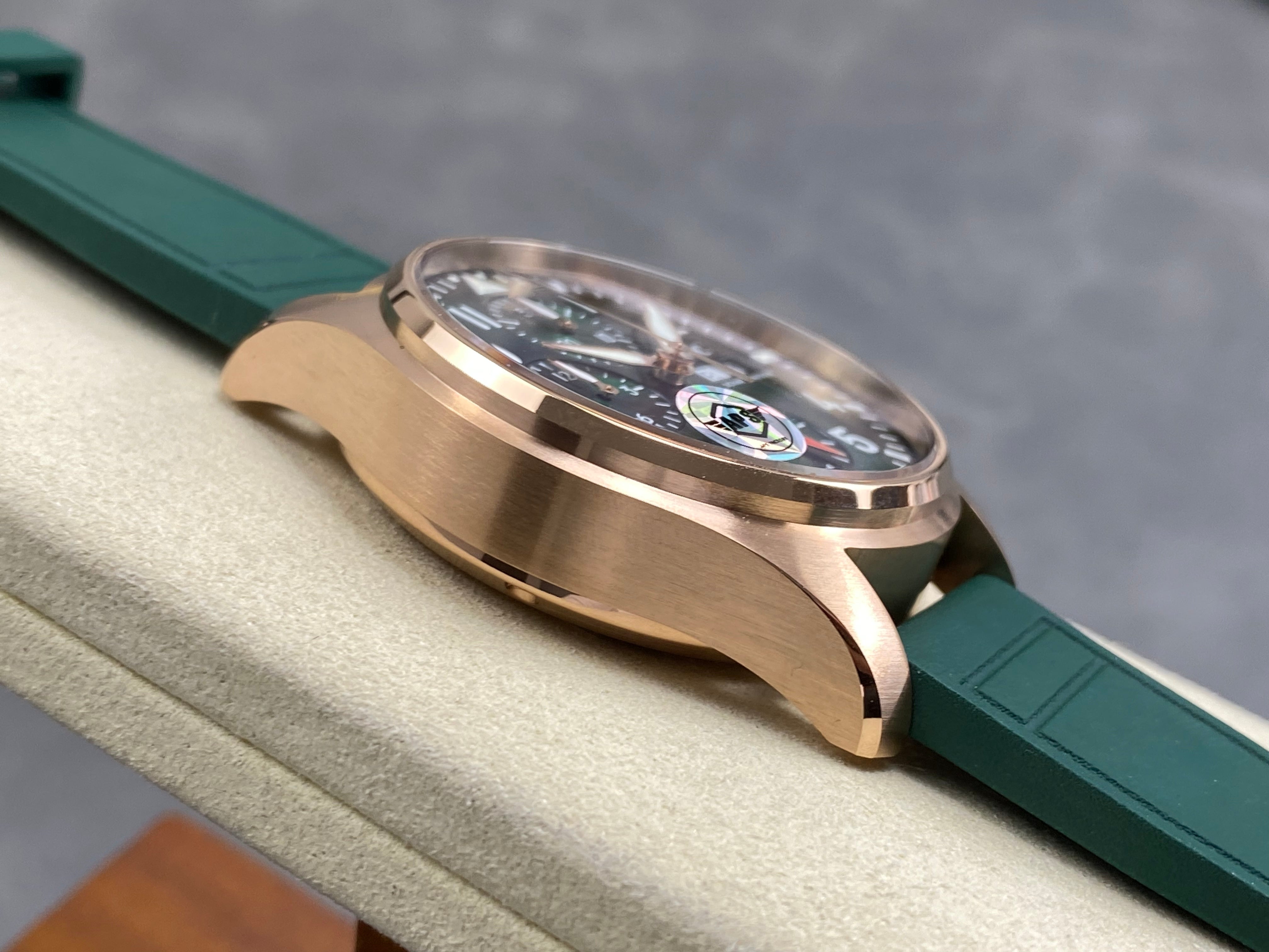 IWC Pilot's Chronograph 41 Pink Gold Case Green Dial Rubber  Strap