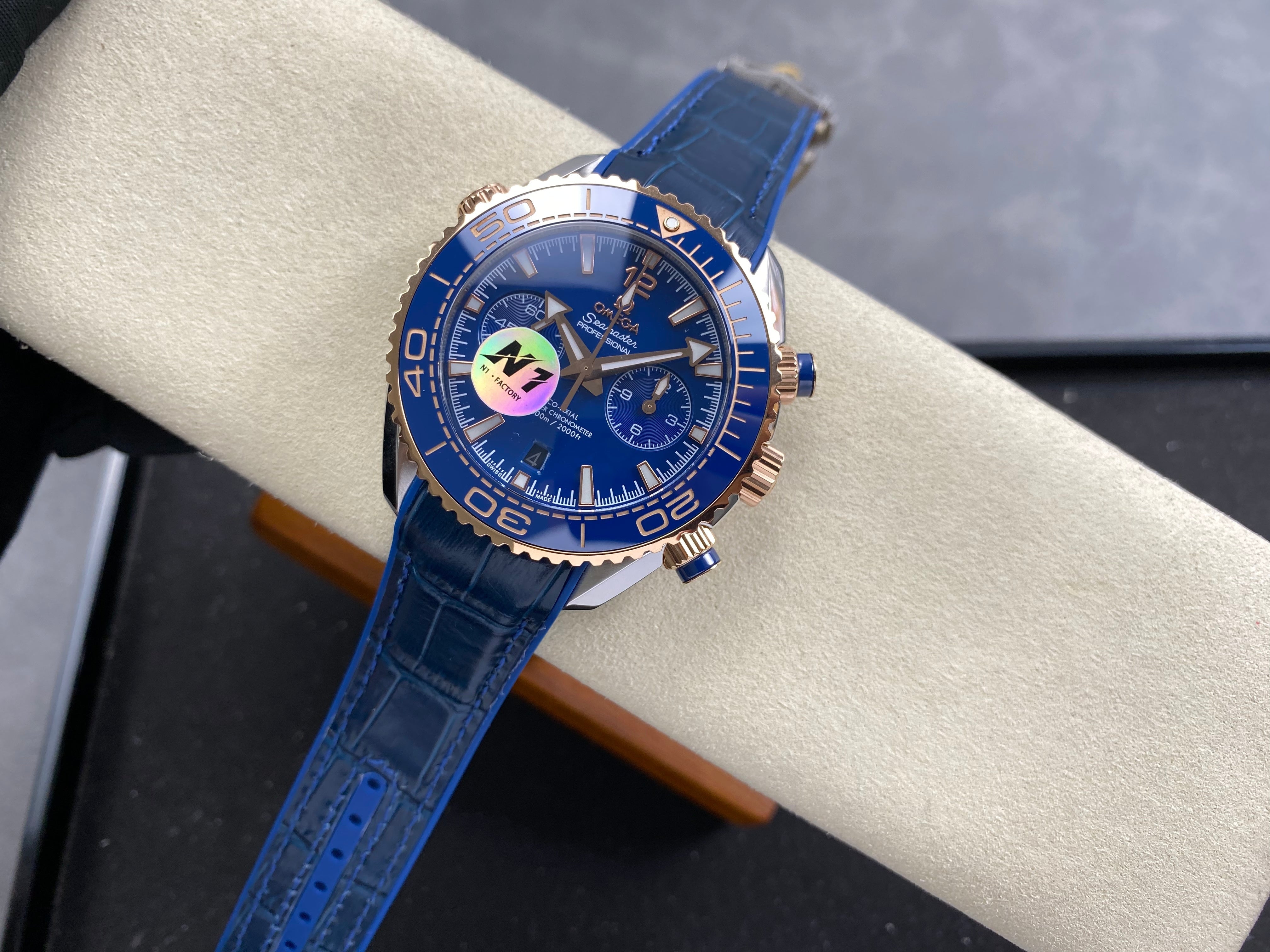 Omega Seamaster 46mm Blue Dial Pink Gold Case Blue Leather