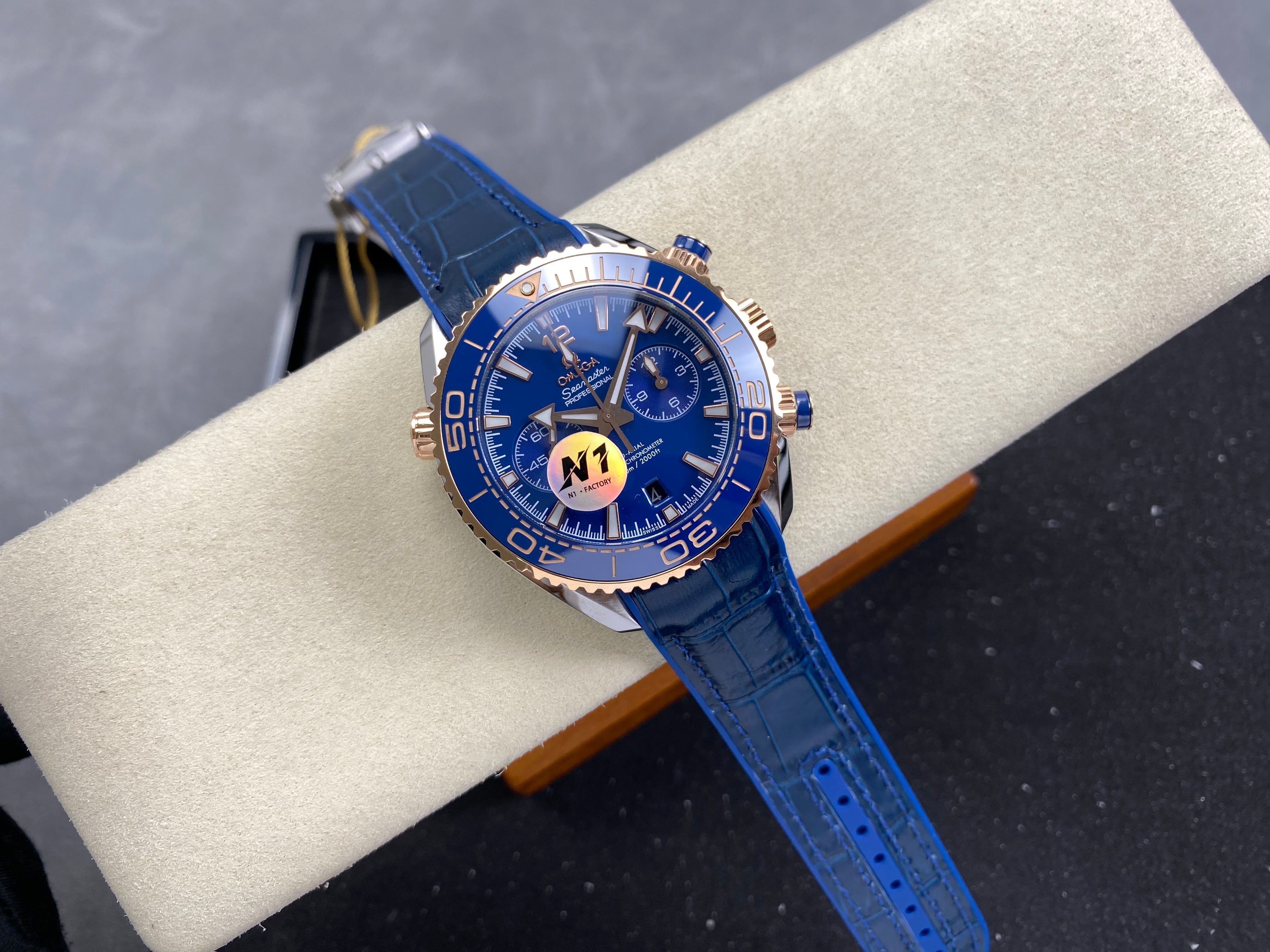 Omega Seamaster 46mm Blue Dial Pink Gold Case Blue Leather