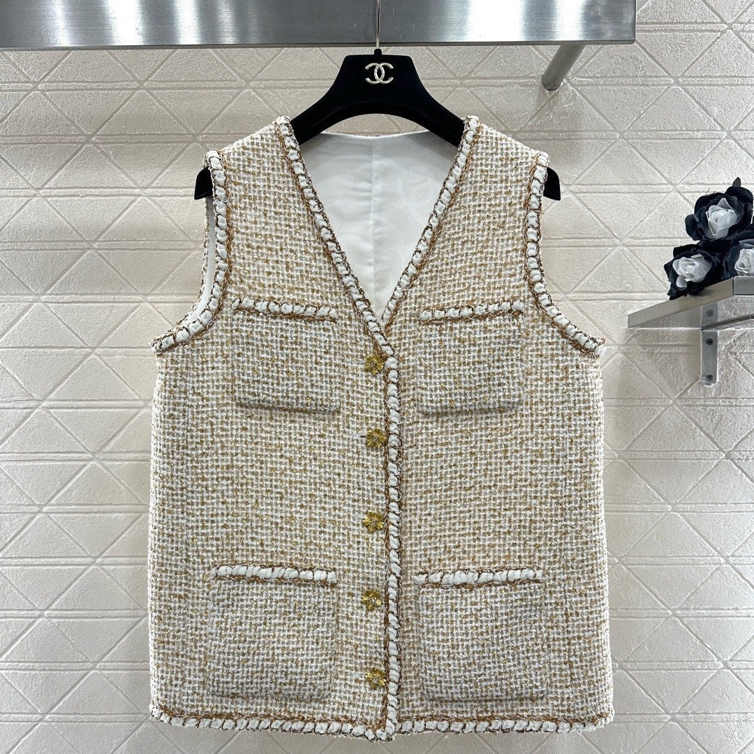 CC 26 Vest With Gold-colored Buttons Beige Tweed Fabric