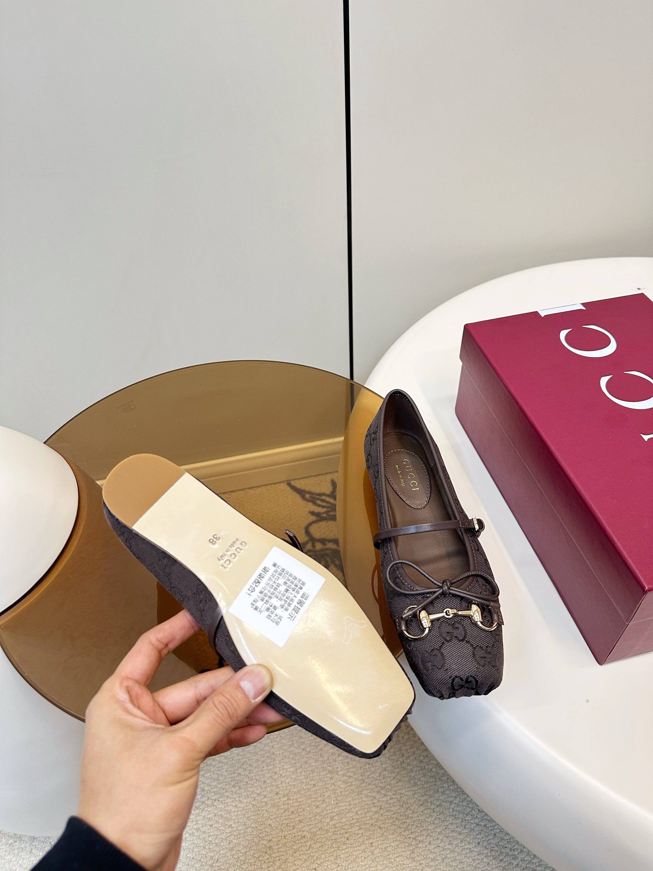 GG 26SS Ballet Flats Dark Brown Monogram Fabric Sheepskin 645711