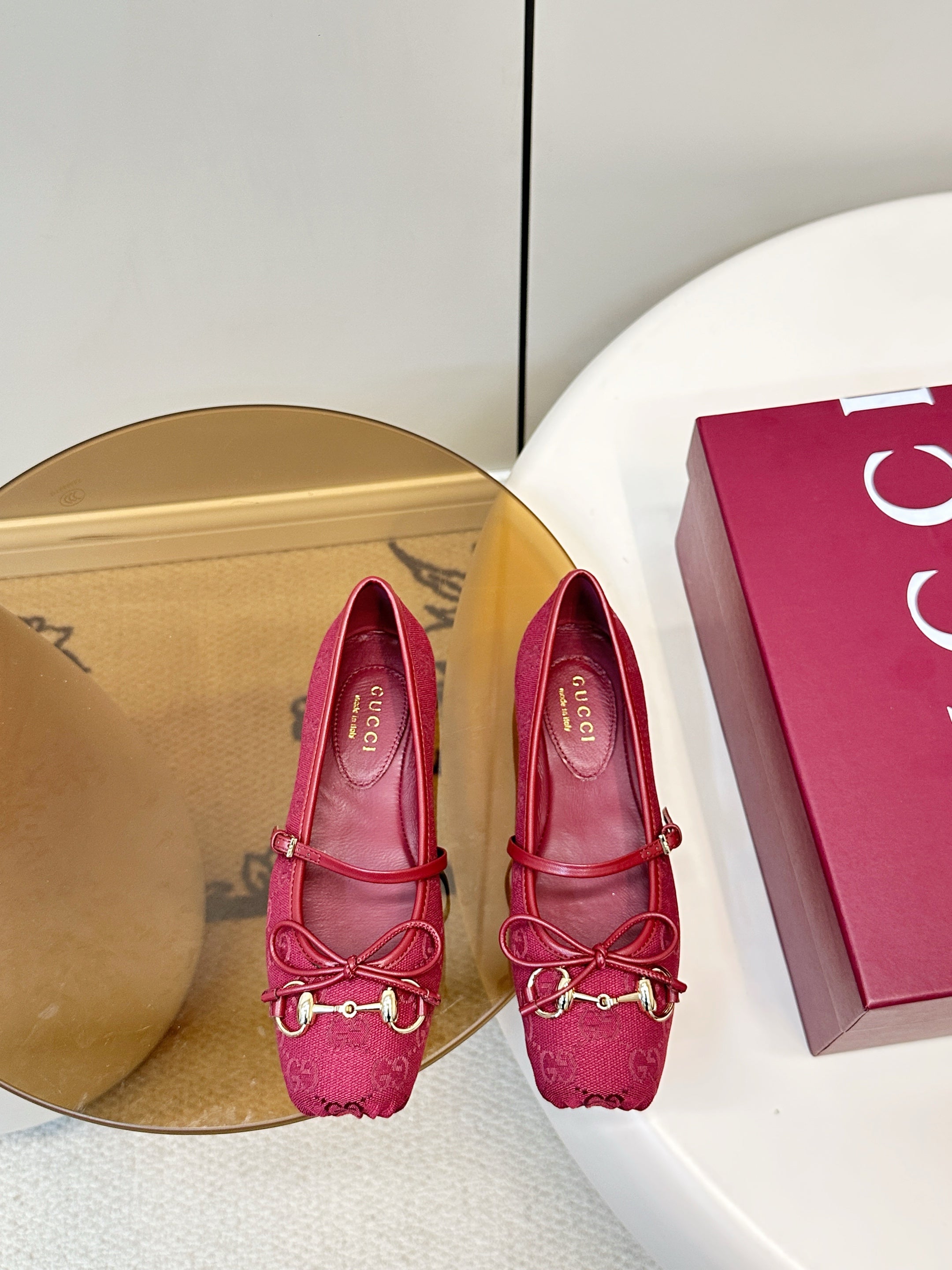 GG 26SS Ballet Flats Burgundy Monogram Fabric Sheepskin 645712