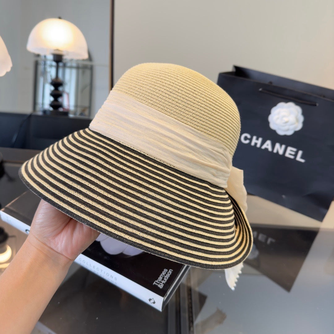 Chanel Striped Brim Straw Hat 360777