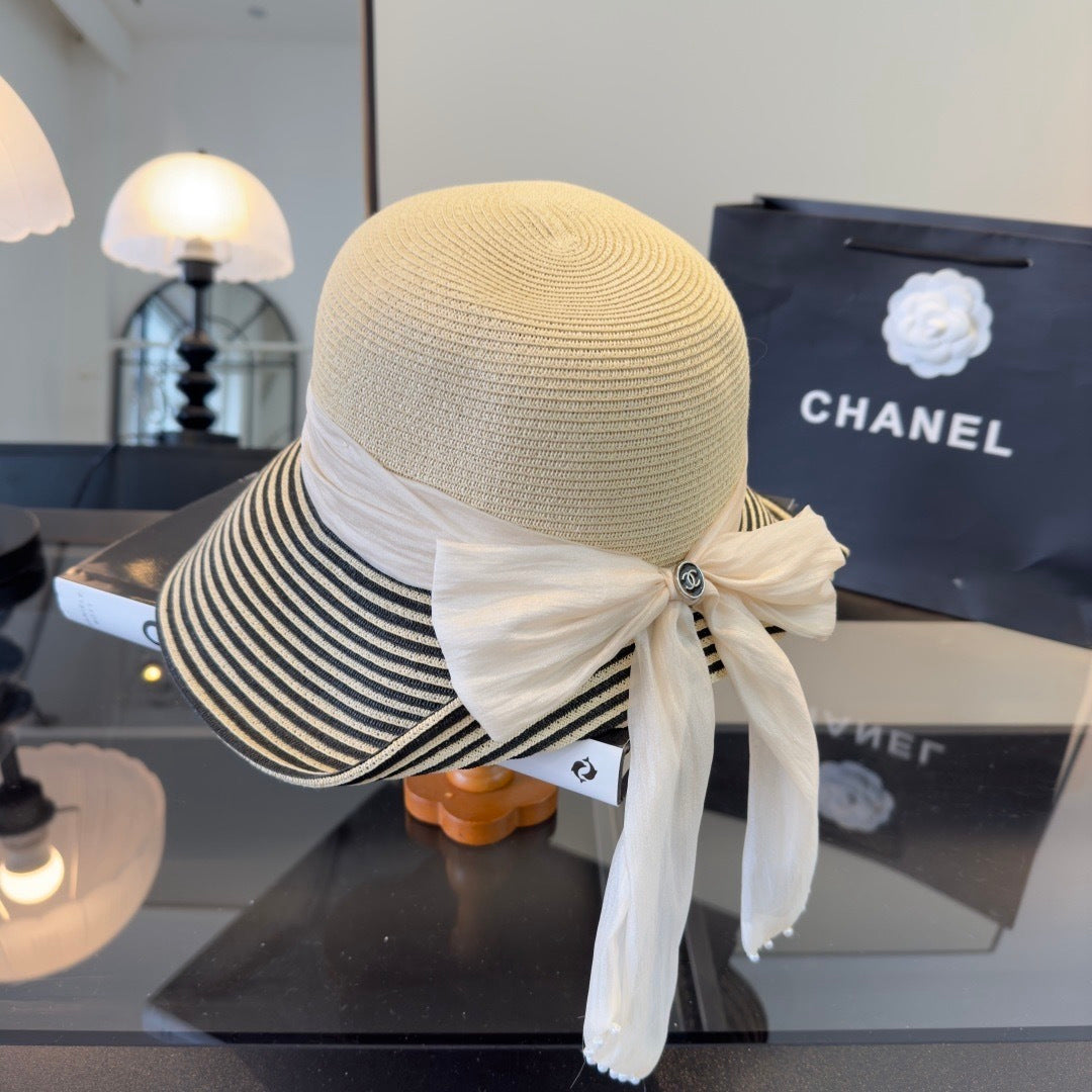 Chanel Striped Brim Straw Hat 360777