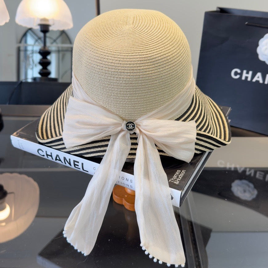 Chanel Striped Brim Straw Hat 360777