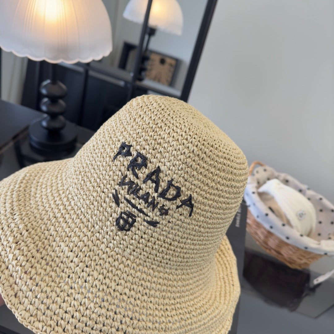 Prada Raffia Crochet Bucket Hat 221088
