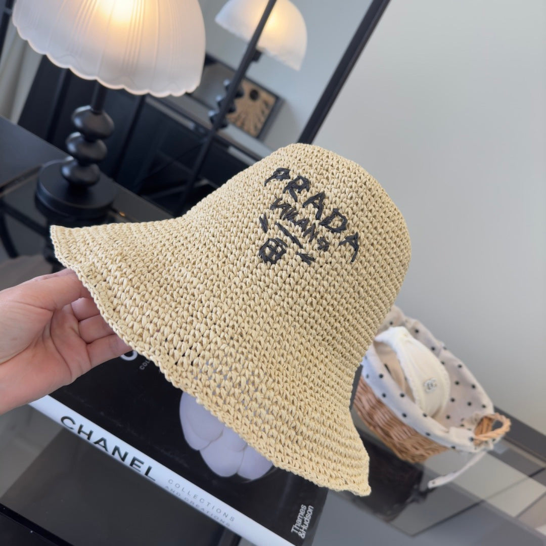 Prada Raffia Crochet Bucket Hat 221088
