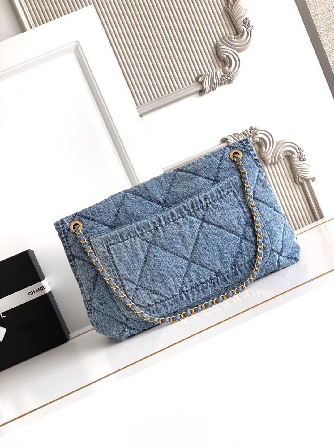Chanel 2026 Classic Flap Bag 45cm Blue Denim Fabric Gold Hardware
