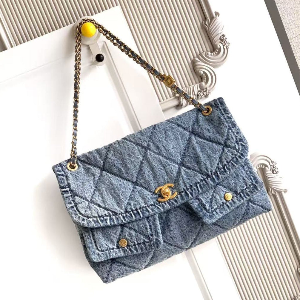 Chanel 2026 Classic Flap Bag 45cm Blue Denim Fabric Gold Hardware