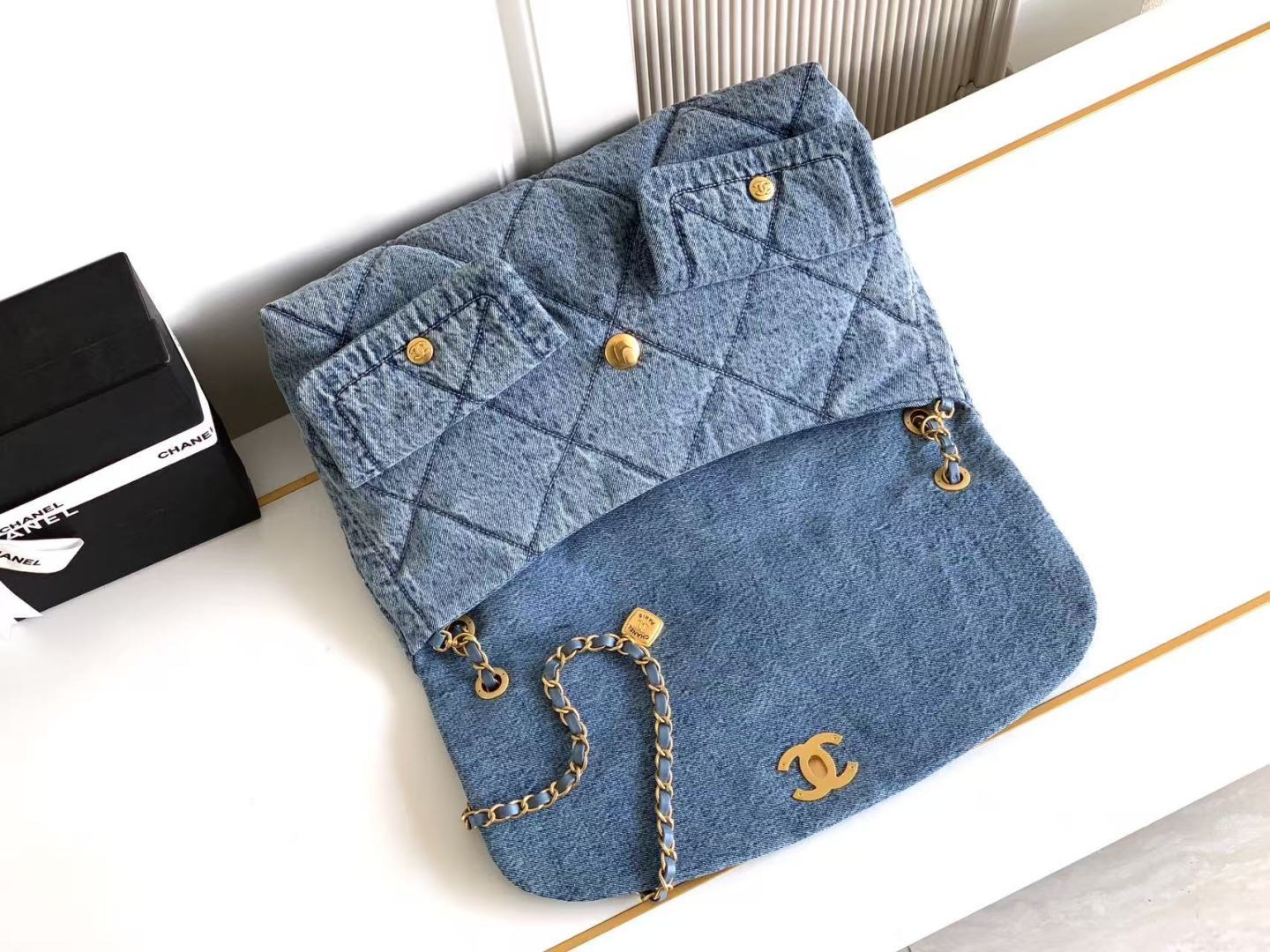 Chanel 2026 Classic Flap Bag 45cm Blue Denim Fabric Gold Hardware