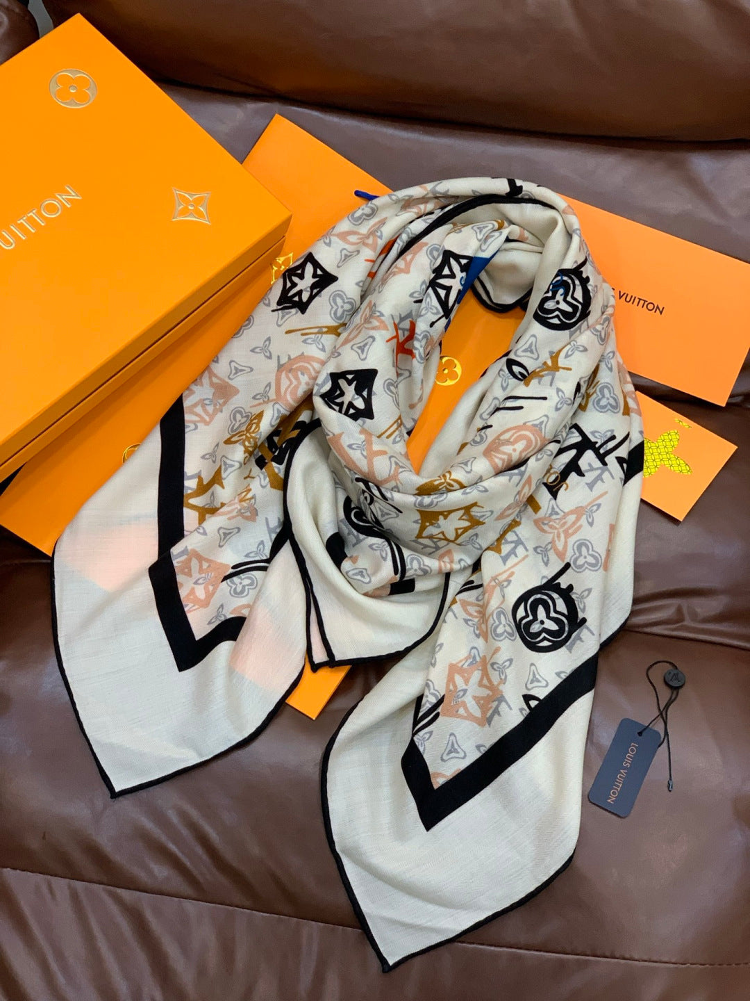 LV X TM MONOGRAM Scarf White Black Beige Silk Cashmere 965397