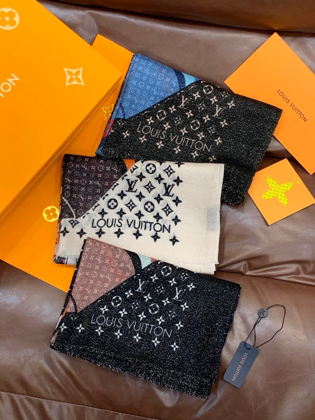 LV Monogram Scarf 200cm Black Blue Cashmere 969188