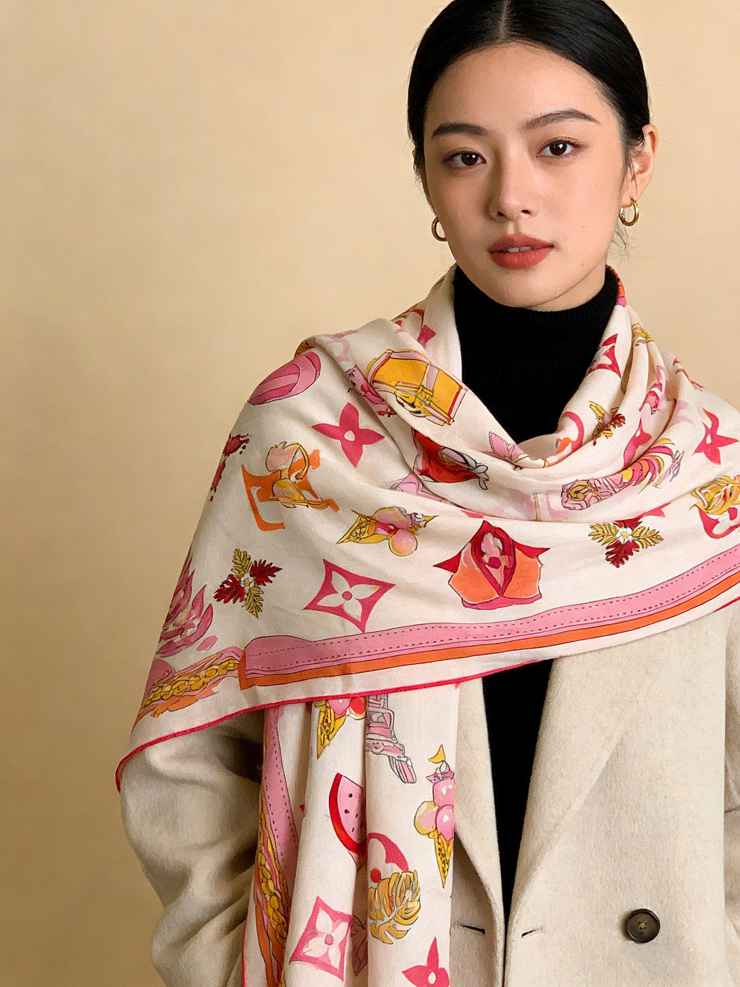 LV Scarf 135cm Pink White Cashmere Mulberry Silk 976765