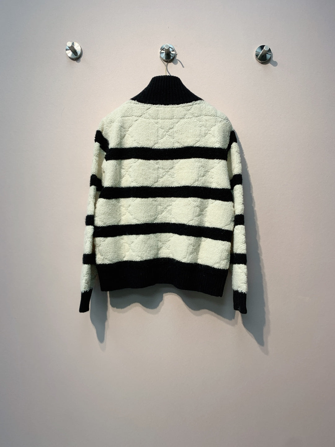 Chanel 25 Stand Collar Striped Knit Zipper Cardigan Black and White Wool 317967