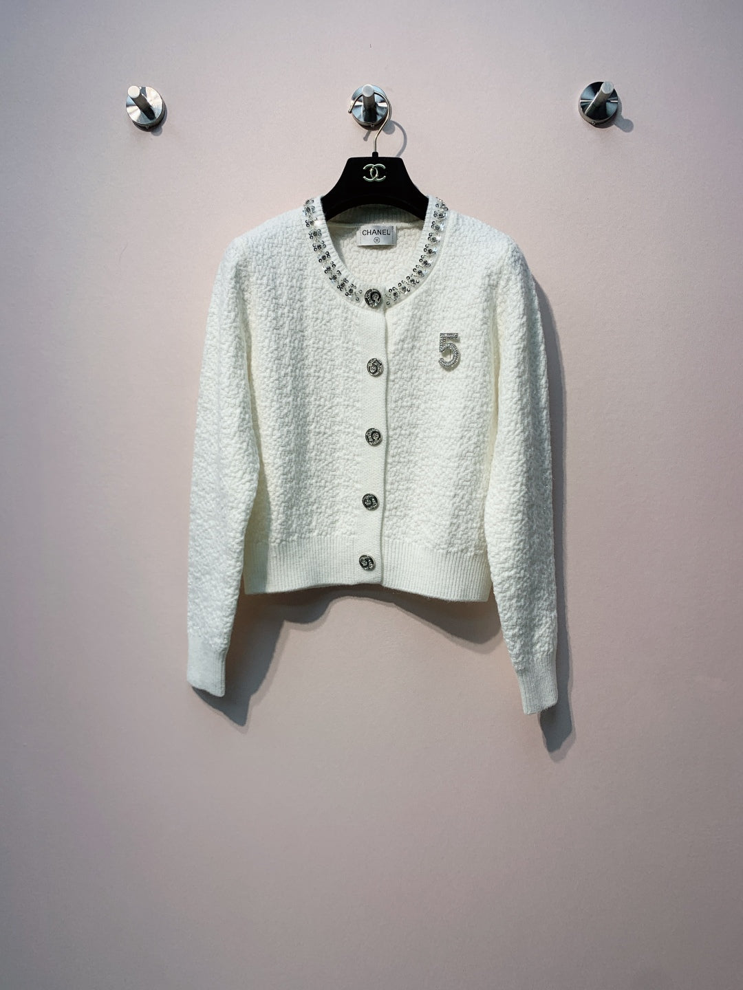 Chanel 25 Round Neck Sequined Custom Button Knit Cardigan Wool 317963