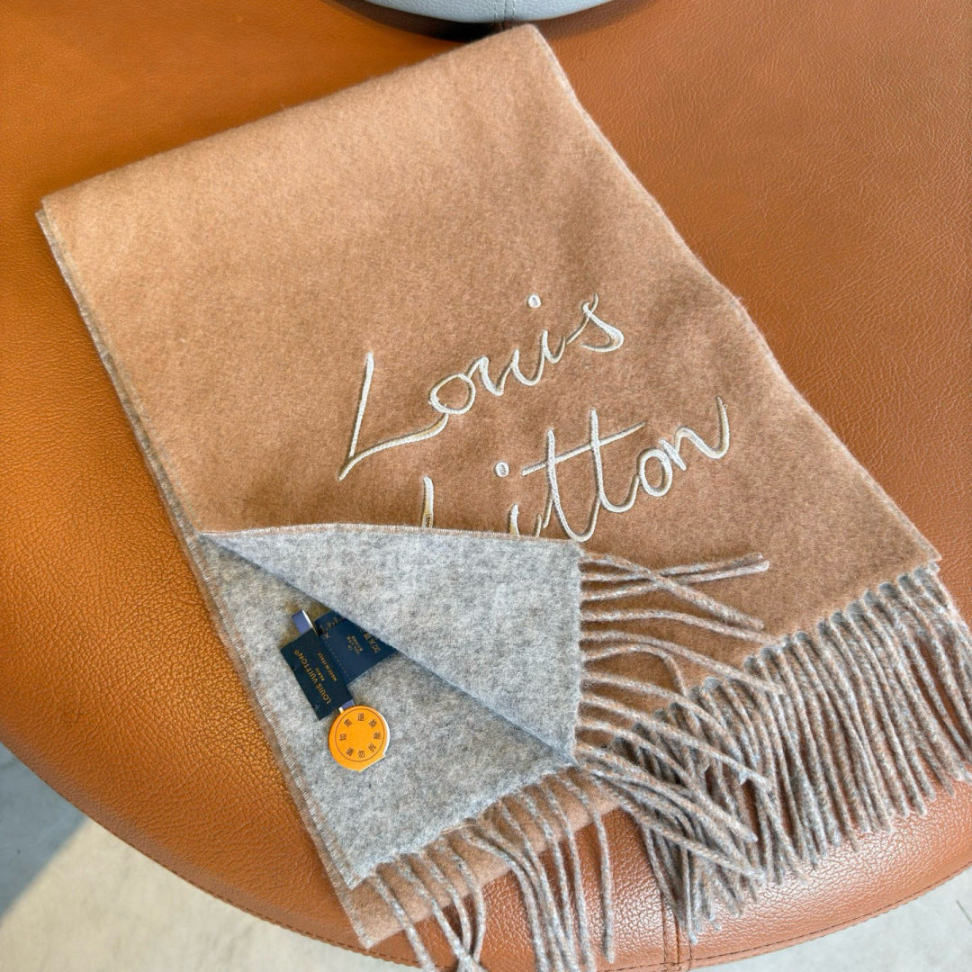 LV Reversible Scarf 180cm Light Brown Gray Sheep Wool 978752
