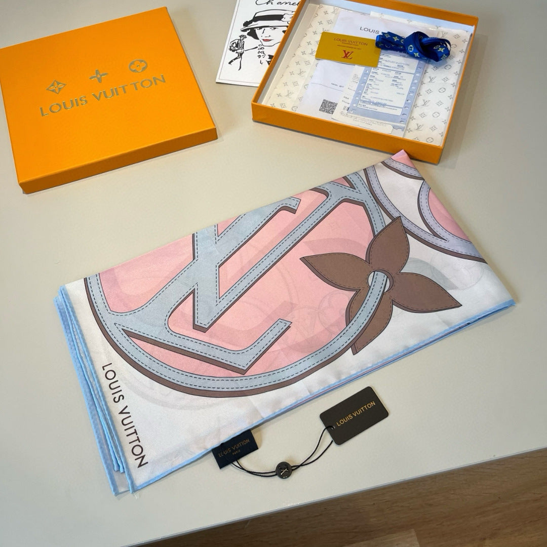 LV Double Sided Scarf 90 Light Pink Blue Monogram Mulberry Silk 156049