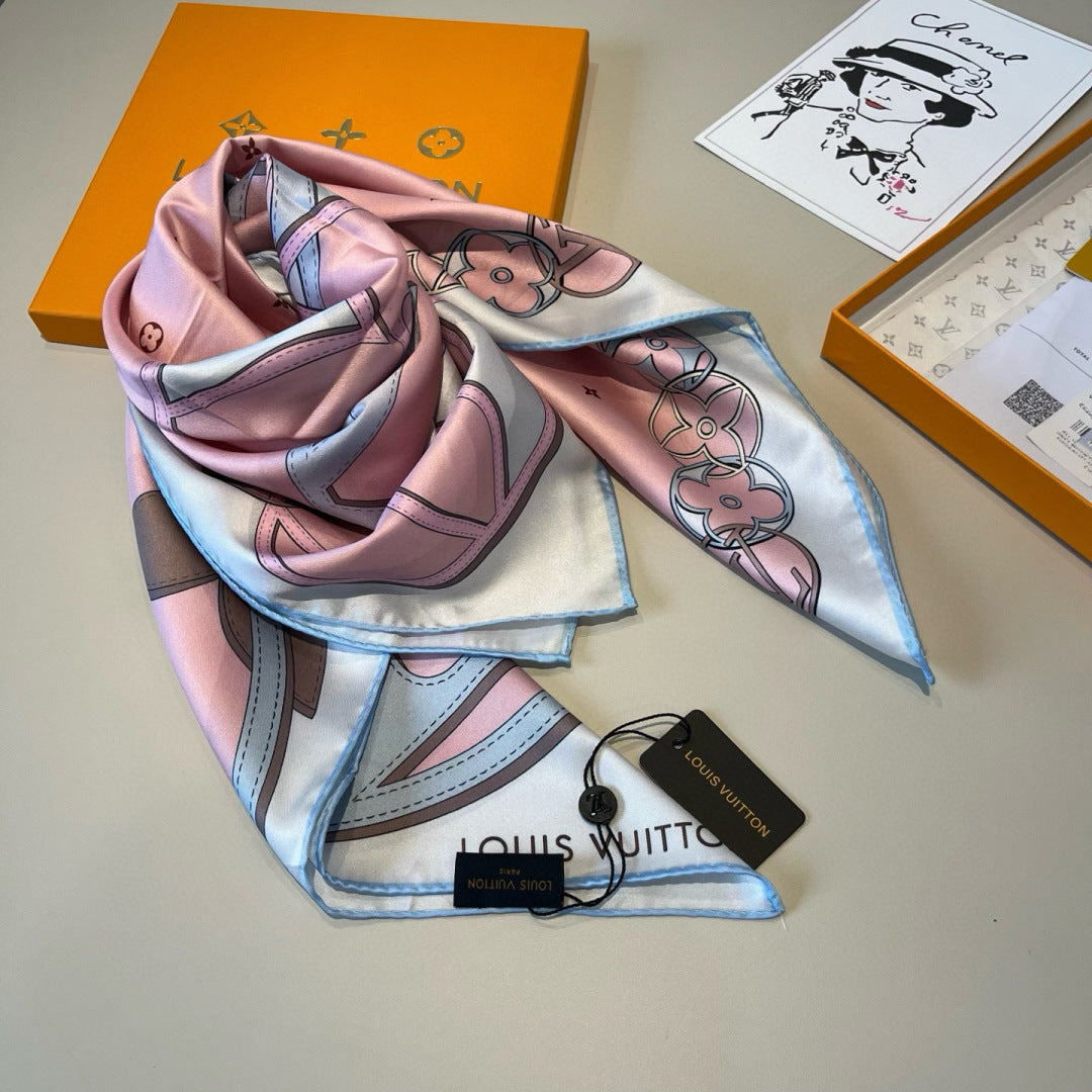 LV Double Sided Scarf 90 Light Pink Blue Monogram Mulberry Silk 156049
