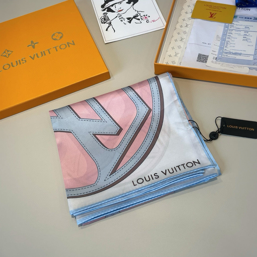 LV Double Sided Scarf 90 Light Pink Blue Monogram Mulberry Silk 156049