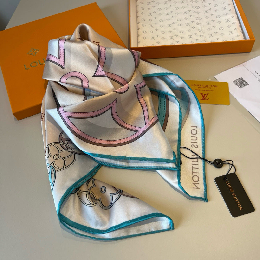 LV Double Sided Scarf 90 Beige Turquoise Monogram Mulberry Silk 156050