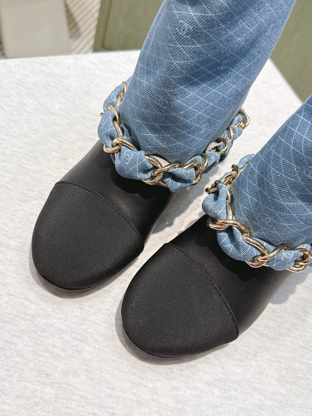 CC 25 Short Boot Blue Black Denim Fabric Calfskin 515265