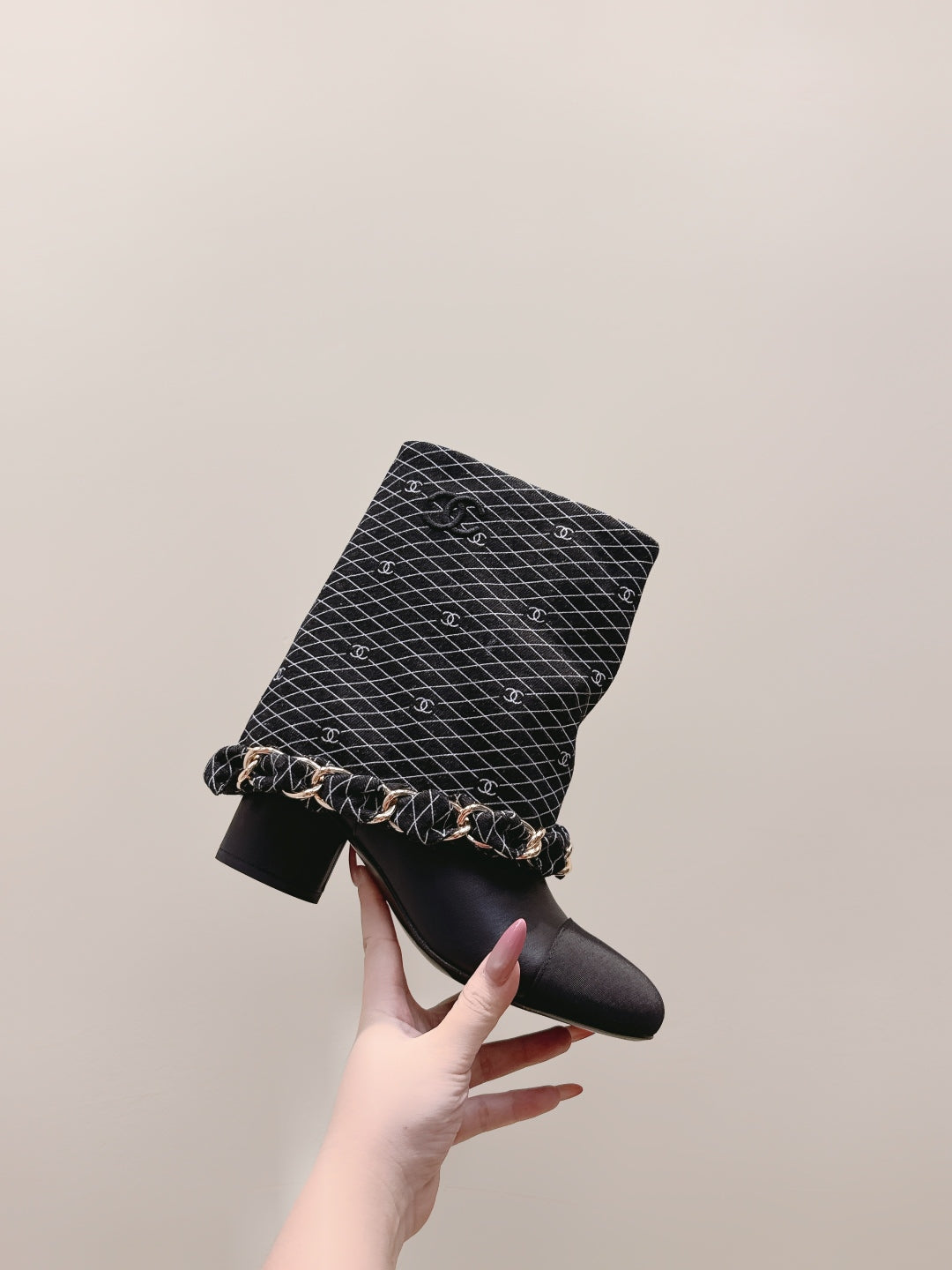 CC 25 Short Boot Black Denim Fabric Calfskin 515267