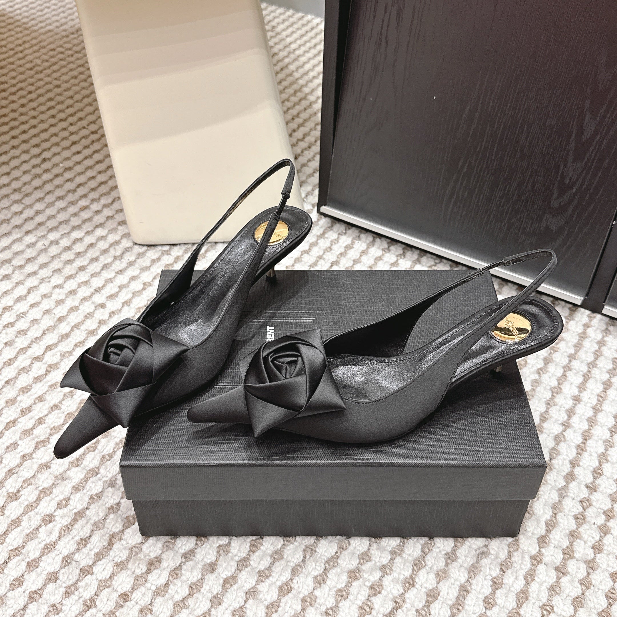 YSL 26ss Slingback 50 Black Satin Leather 654681
