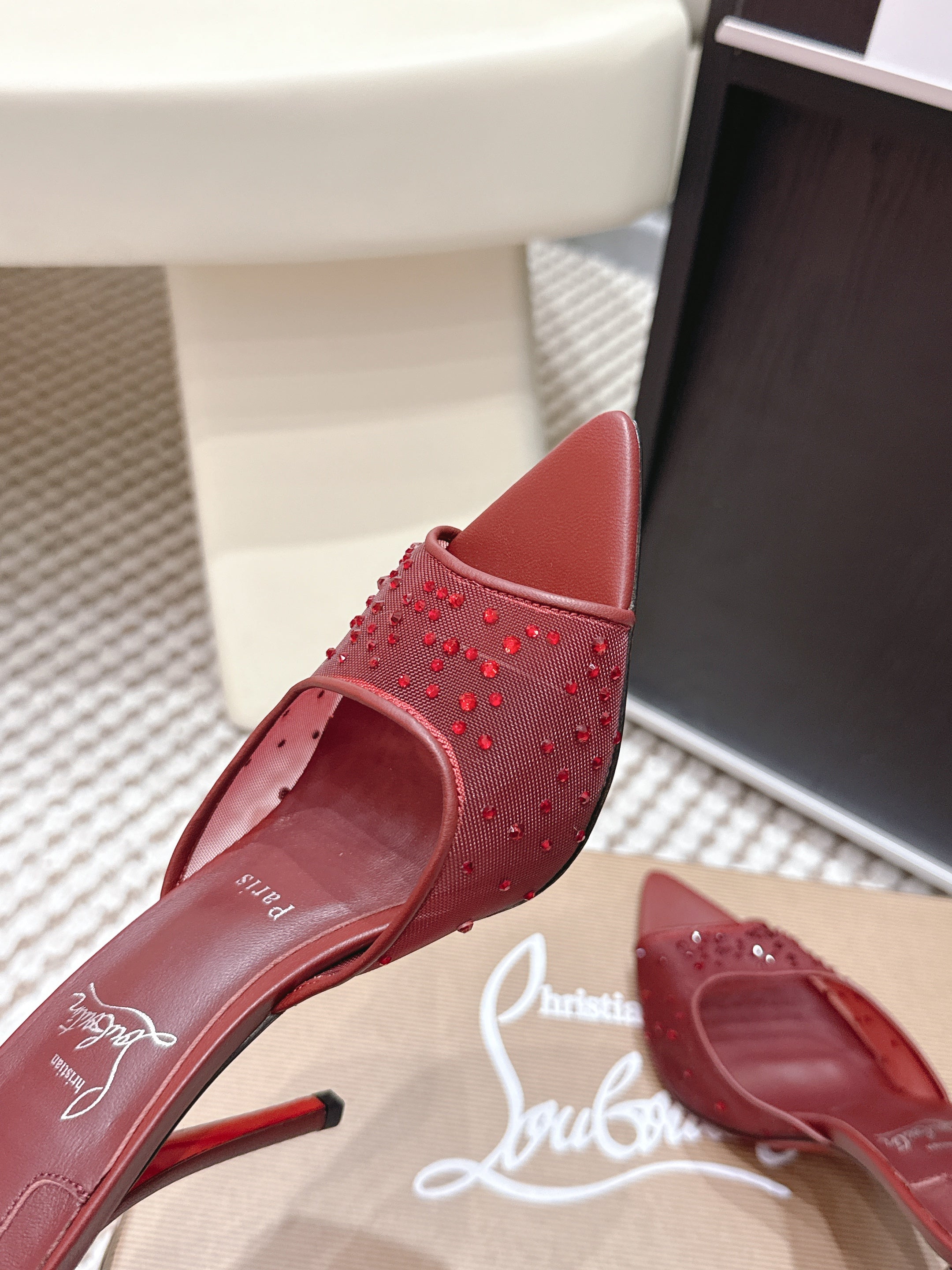 CL 26SS High-Heeled Slippers 100 Dark Red Mesh Rhinestone Leather 658051