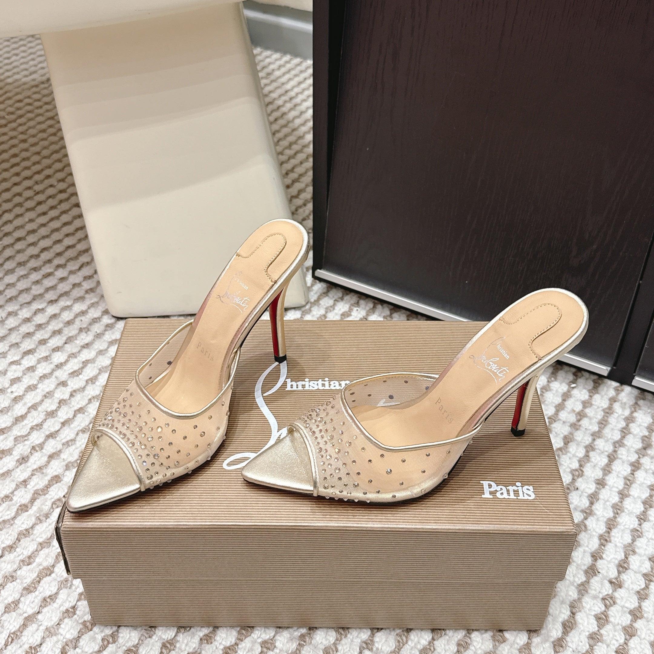 CL 26SS High-Heeled Slippers 100 Gold Champagne Mesh Rhinestone Leather 658053